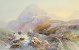 Figures stopping on a path in a mountainous river landscape Signed by William Arnee Frank, Watercolour heightened with white, sold Mar 2022