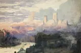 View of Lincoln at dusk Pencil and by Sidney Goodwin, Pencil and watercolour heightened with white, sold Mar 2022