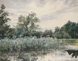 Landscape with a lake by Angelo Fairfax Muckley, Pencil and watercolour heightened with bodycolour, offered Mar 2022