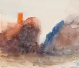 Landscape with a tower on top of a mountain Signed with by Hercules Brabazon Brabazon, Watercolour and pastel, sold Mar 2022