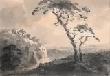 Extensive landscape with a hillside classical temple With blindstamp WG by William Gilpin, Pencil, pen and ink, and wash, sold Mar 2022