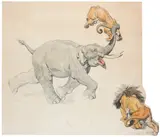 An elephant and two lions fighting Coloured lithograph 50 by Ernest Henri Griset, lithograph, sold Mar 2022