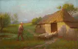 A shepherd and his flock returning home Signed BAXTER MORGAN by Baxter Morgan, Oil on canvas, sold Dec 2021