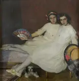 Portrait of two sisters and a dog in an interior Signed and by Vicente Puig, Oil on canvas, sold Dec 2021