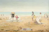 Beach scene with two girls running to the water Signed René Legrand by René Legrand, Oil on canvas, sold Dec 2021