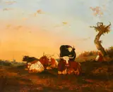 Drover and cattle resting, a town, possibly Windsor, beyond by English School, Mid-19th Century, oil on canvas, offered Dec 2014