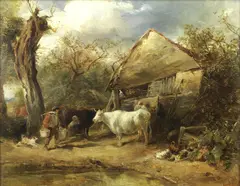Farmyard scene by John Linnell, oil on panel, offered Dec 2014