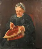 Portrait of a lady, half-length, seated, embroidering by English School, oil on canvas, sold Dec 2014
