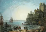 Coastal scene with castle, boats and figures by English School, watercolour and gouache,, sold Dec 2014
