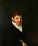 Portrait of a gentleman, half length, holding a quill pen by English School, oil on canvas, sold Dec 2014