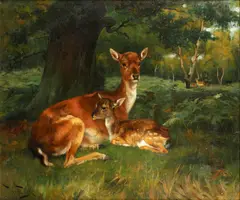 Doe & fawn in forest landscape by Wright Barker, oil on canvas, sold Dec 2014