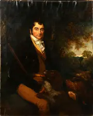 Portrait of a gentleman, said to be Henry Woodgate of Spring Grove (1771 -1818), three-quarter-length, with a gun and dog by William Beechey, oil on canvas, sold Dec 2014