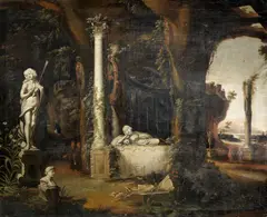 An architectural capriccio with classical ruins by Charles Cornelisz. de Hooch, oil on canvas, unlined, sold Dec 2014