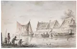 A river landscape with fishermen and boats by Dutch School, black chalk, pen and brown ink and waztercolour on paper, watermark a shield device with initials, offered Dec 2014