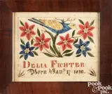 fraktur birth certificate for Delia Fichter by the William Murray School, ink and watercolor, sold Apr 2024