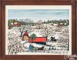 snowscape with covered bridge by Hattie Klapp Brunner, watercolor and gouache, sold Apr 2024