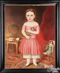portrait of a young girl in a red dress holding a cat by Joseph Whiting Stock, oil on canvas, sold Apr 2024