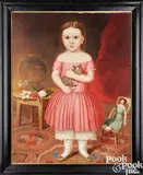 portrait of a young girl in a red dress holding a cat by Joseph Whiting Stock, oil on canvas, sold Apr 2024
