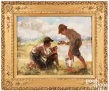 of two boys with dog and turtle by Adam Emory Albright, oil on canvas, sold Apr 2024