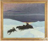 winter landscape titled Mush by Magnus Colcord Heurlin, oil on canvas, sold Apr 2024