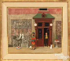 street scene with Antiques store by Robert Sivard, oil on board, sold Apr 2024