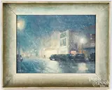 of a stormy cityscape by Chester Bratten, oil on artist board, sold Feb 2024