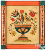 fraktur of a compote of flowers with bird by David Y. Ellinger, watercolor, sold Jan 2024