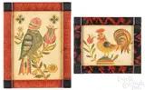 fraktur of a parrot and rooster by David Y. Ellinger, watercolor, sold Jan 2024