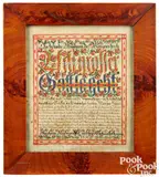 fraktur blessing for Abraham and Catharine Newcomer by Heinrich Engelhard, ink and watercolor, sold Jan 2024