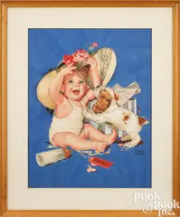 illustration of a baby and puppy by Frances Tipton Hunter, watercolor and gouache, sold Jan 2024