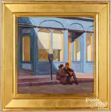 of a couple sitting on a curb by Paul Schulenburg, oil on board, sold Oct 2023