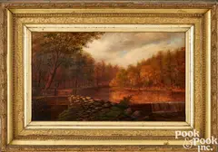 titled On the Brandywine Third Dam by Alfred Thompson Scott, oil on canvas, sold Oct 2023
