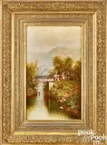 river landscape with covered bridge by Harry Sunter, oil on canvas, sold Oct 2023