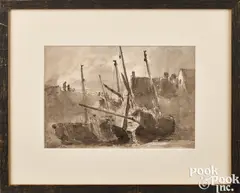 and sepia wash of fishing boats by John Constable, watercolor, sold Oct 2023