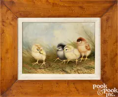 of chicks with a grub by Ben Austrian, oil on canvas, sold Oct 2023