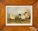 of chicks with a grub by Ben Austrian, oil on canvas, sold Oct 2023