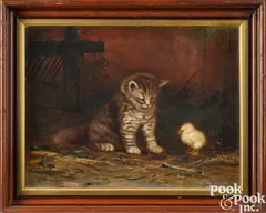 of a kitten and chick by Ben Austrian, oil on canvas, sold Oct 2023