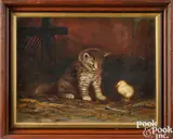 of a kitten and chick by Ben Austrian, oil on canvas, sold Oct 2023