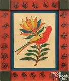 fraktur of a bird on a floral branch by David Ellinger, watercolor, sold Oct 2023