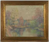 POST-IMPRESSIONIST LANDSCAPE PAINTING by Frances Dunaway Hogan, oil on board, sold Apr 2025