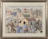 TOWNSHIP STREET SCENE by Phoshoko David Mogano, watercolor and gouache on paper, sold Apr 2025