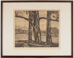 DOMINATING TREES PRINT by Luigi Lucioni, etching on paper, sold Apr 2025