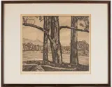 DOMINATING TREES PRINT by Luigi Lucioni, etching on paper, sold Apr 2025