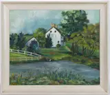 FARM LANDSCAPE PAINTING by Jane Andrews Pohl Rust, oil on artist's board, sold Mar 2025