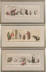 DIRTY DOGS OF PARIS ETCHINGS / PRINTS, LOT OF THREE by Boris O'Klein, hand-colored etchings on paper, sold Mar 2025