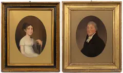 ATTRIBUTED, OR SCHOOL OF, PORTRAITS OF JOHN GRAFF (1760-1830) AND KATHERINE GRAFF WAMPOLE (1784-1838) by James Peale, oil on poplar panel, sold Nov 2024