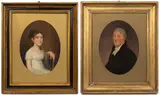 ATTRIBUTED, OR SCHOOL OF, PORTRAITS OF JOHN GRAFF (1760-1830) AND KATHERINE GRAFF WAMPOLE (1784-1838) by James Peale, oil on poplar panel, sold Nov 2024