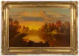 LUMINOUS FOLK ART LANDSCAPE by H. Londell, oil on canvas, sold Nov 2024