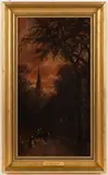 LANDSCAPE WITH CHURCH AND FIGURES by Granville Perkins, oil on canvas, sold Nov 2024