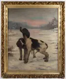 HUNTING-THEMED WINTER LANDSCAPE PAINTING by Fanny M. Burke, oil on canvas, sold Nov 2024